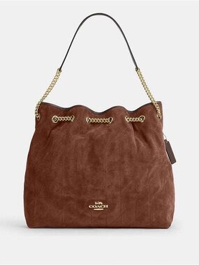 Coach Everlyn Large Brown Suede Chain-Accent Shoulder Bag